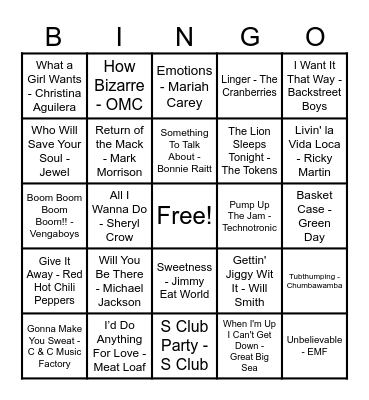 90s Hits! Bingo Card