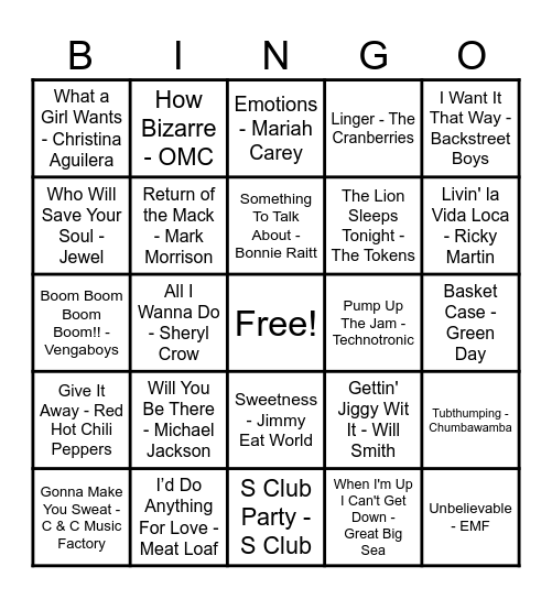 90s Hits! Bingo Card