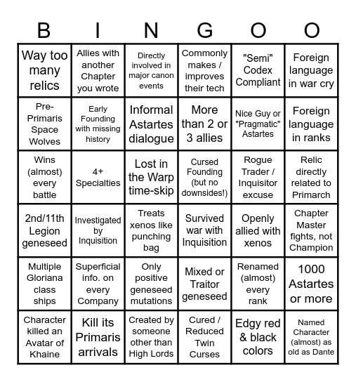 Homebrew Astartes Clichés Bingo Card