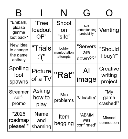 Arc Raiders Subreddit Bingo Card