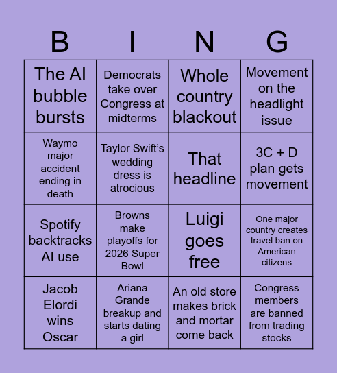 2026 Predictions Bingo Card