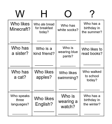 Find a friend BINGO Card