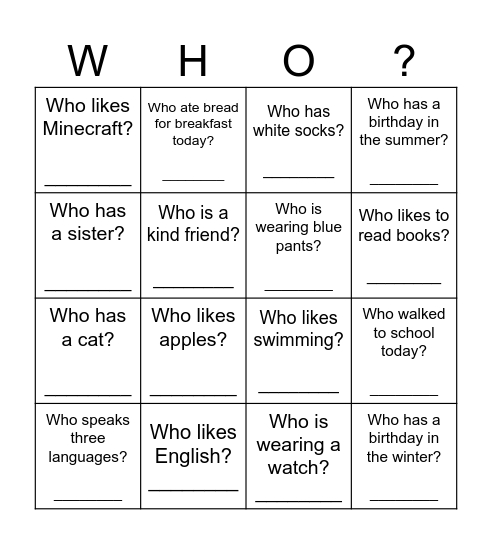Find a friend BINGO Card