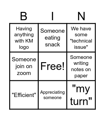KM Office Team meeting Bingo Card