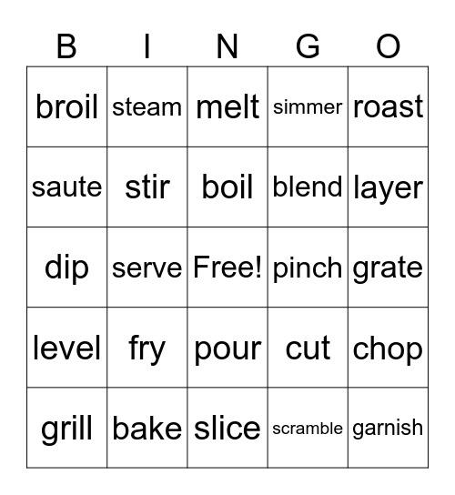 Cooking Verbs Bingo Card