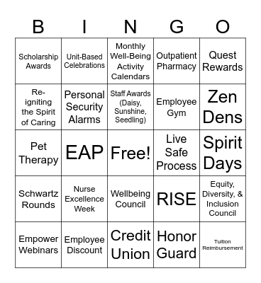 Staff Wellness Bingo Card