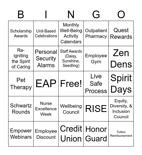 Staff Wellness Bingo Card