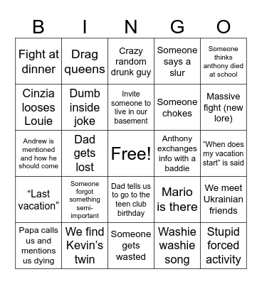 Brody Vacay Bingo Card