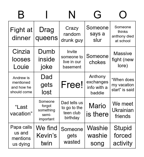 Brody Vacay Bingo Card