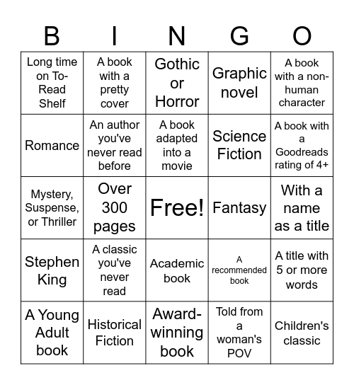 BINGO 2026 Reading Challenge Bingo Card