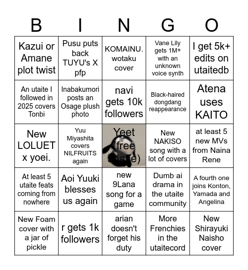 UTAITE/VOCALOID BINGO 2026 Bingo Card