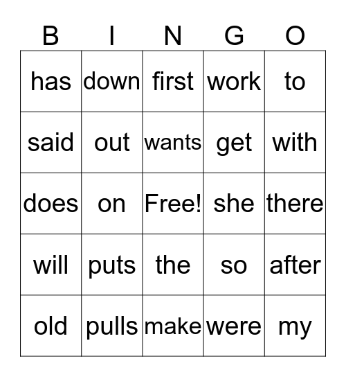 High-Frequency Word Bingo Card