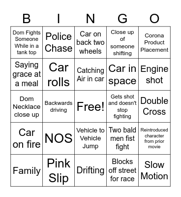 Fast and furious Bingo Card