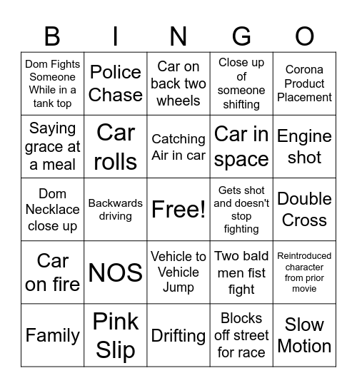 Fast and furious Bingo Card