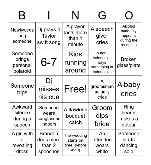 Hannah and Brandon Wedding Bingo Card