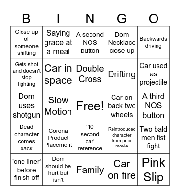 Fast and furious Bingo Card