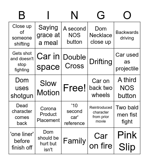Fast and furious Bingo Card