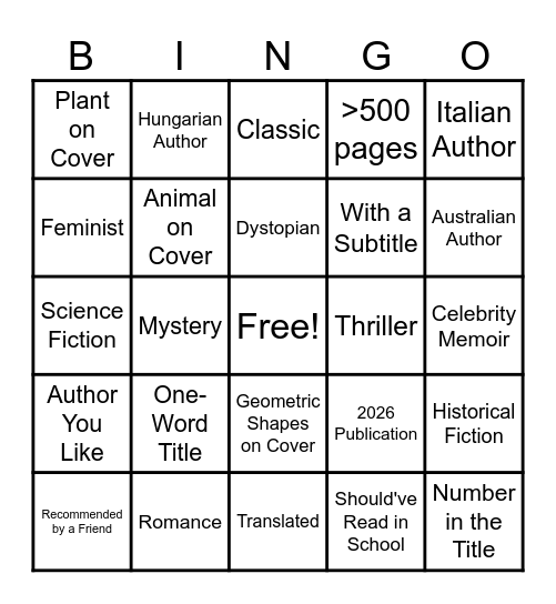 Book Bingo 2026 Bingo Card