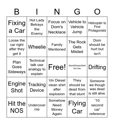 Fast & Furious Bingo Card