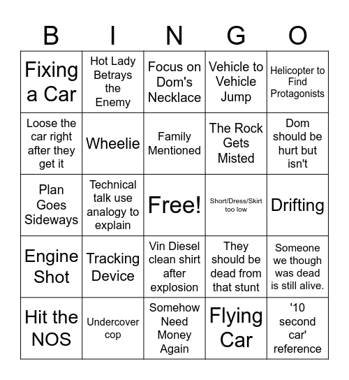 Fast & Furious Bingo Card