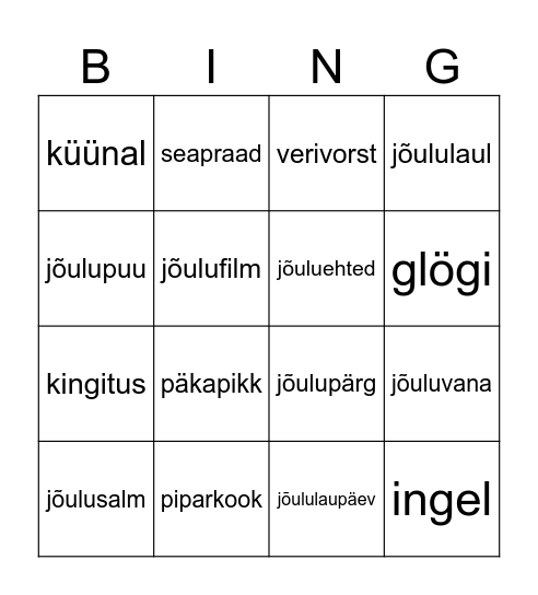 Keeletee jõulubingo Card
