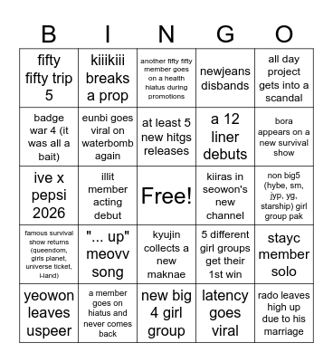 2026 Kpop Bingo Card