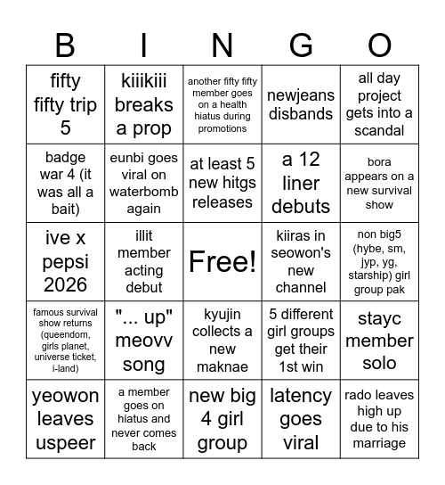 2026 Kpop Bingo Card