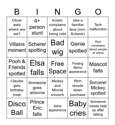 Disney on Ice Bingo Card