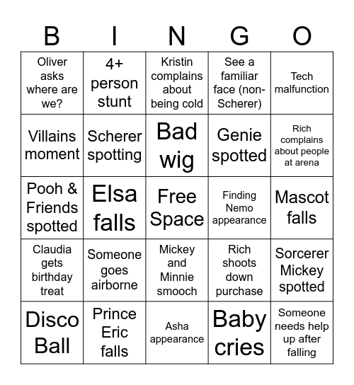 Disney on Ice Bingo Card