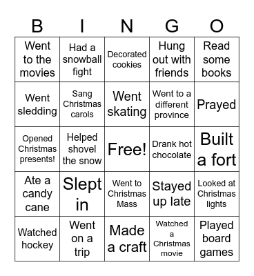 Over Christmas Break Bingo Card