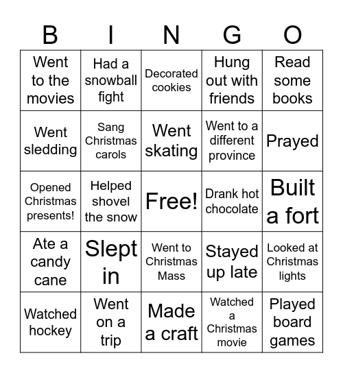 Over Christmas Break Bingo Card