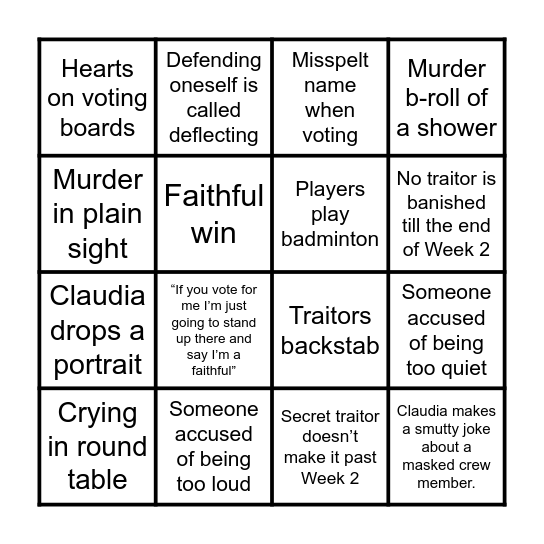 Traitors bingo Card