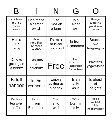 Get To Know Your CRIS Team Bingo Card