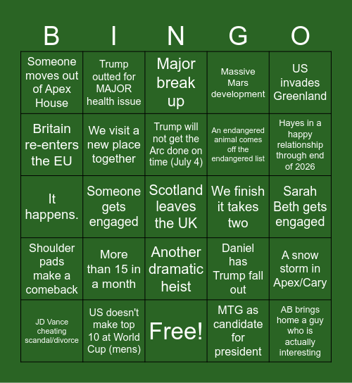 2026 Bingo! Bingo Card