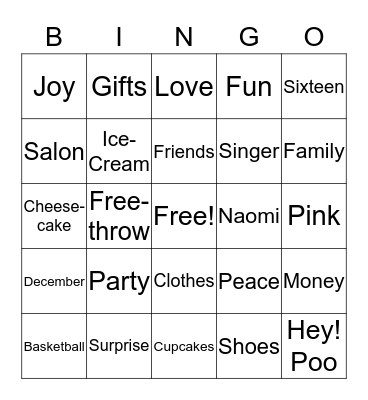 Naomi's Sweet Sixteen  Bingo Card