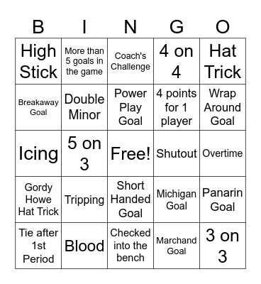 Hockey Game Bingo Card