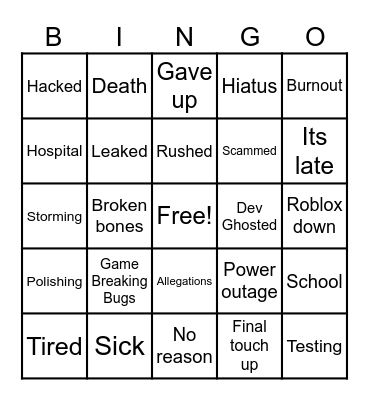 Delay Excuses 2025 Bingo Card