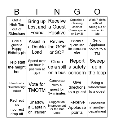 Resort Transit BINGO Card