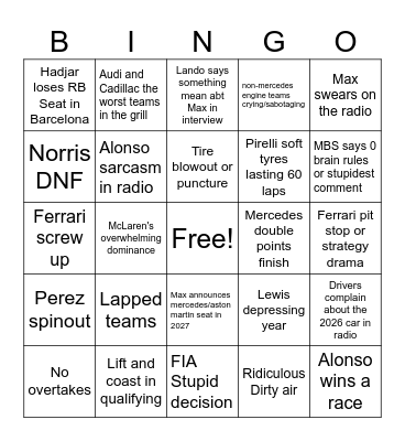 F1 BINGO 2026 Bingo Card