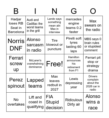 F1 BINGO 2026 Bingo Card
