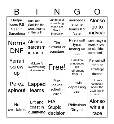 F1 BINGO 2026 Bingo Card