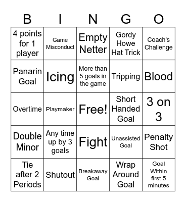 Hockey Game Bingo Card