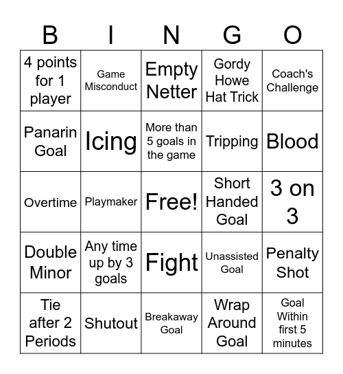 Hockey Game Bingo Card