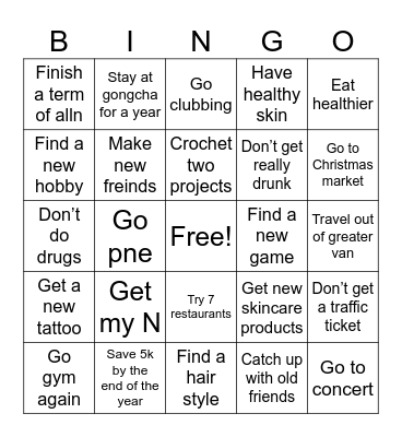 New years Bingo Card