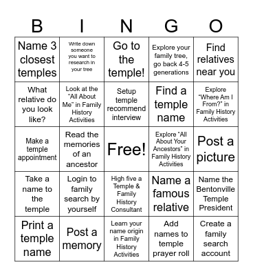 Temple & Family History Bingo Card