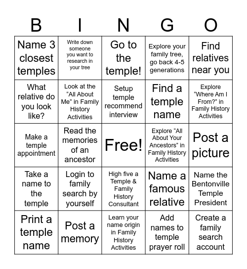 Temple & Family History Bingo Card