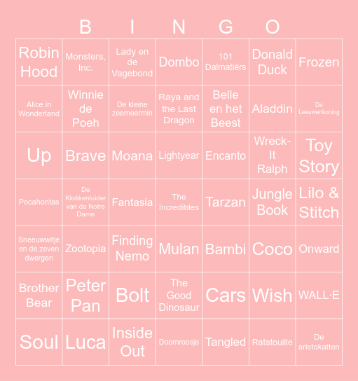 2026 Disney - Pixar Bingo Card