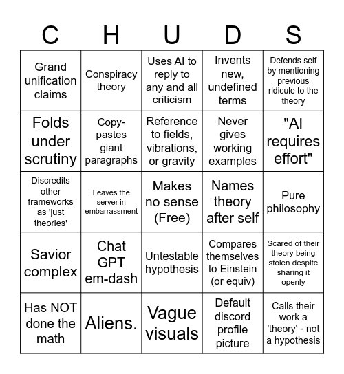 Sci-Chud Bingo Card