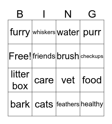 Cats Need Care/Furry Animals Bingo Card