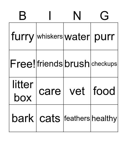 Cats Need Care/Furry Animals Bingo Card